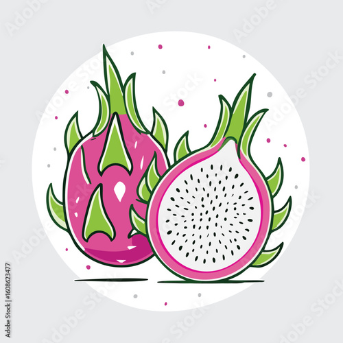 Graphic Design of Tropical Dragon Fruit and its Half - AI Generated