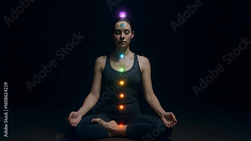Woman meditating, with a seven chakras light depend of the chakra level in dark room background Seamless Looping
