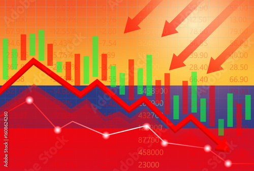 Colombia Economy. Flag of Colombia with Falling Financial Graph. Economic Crisis and Global Recession Concept. Vector Illustration.  