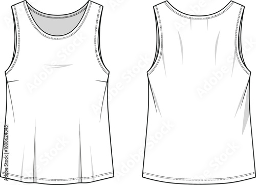 Tank top front and back flat sketch, technical vector fashion drawing, sleeveless shirt template design, cad apparel illustration.