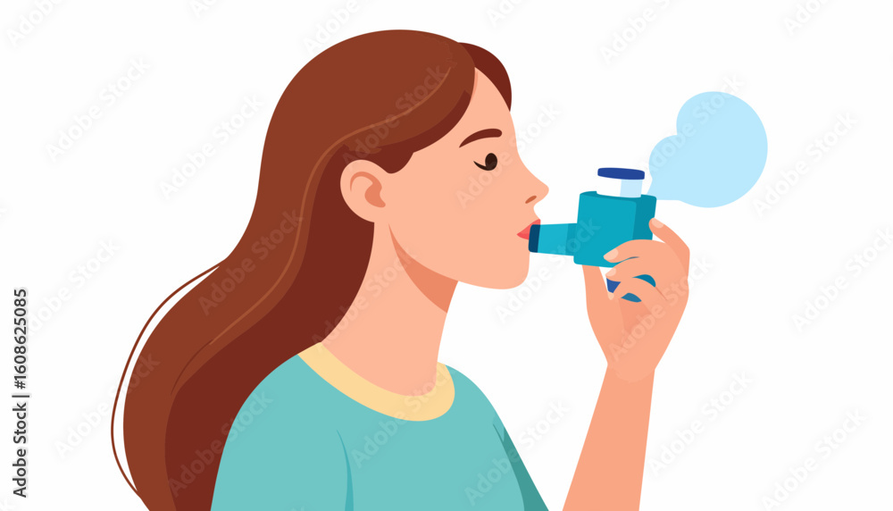 Woman using inhaler for asthma treatment, breathing relief and respiratory health in modern illustration style Woman using inhaler for asthma treatment, breathing relief and respiratory health in modern illustration style