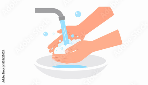 Thoroughly washing hands with soap and water for hygiene, health, and preventing the spread of germs