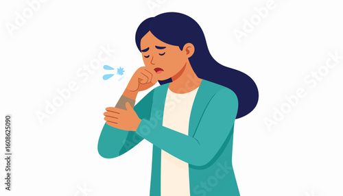 Worried woman coughing into her elbow, flu season awareness promotion, health protection concept