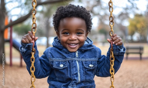 Happy African American child on a playground swing in a park, symbolizing childhood joy and inclusivity in public spaces that are accessible to all children, Generative AI