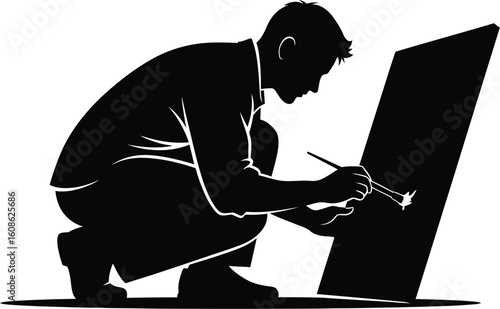 Vector art of an artist is squatting while painting a canvas, , showcasing the creative process