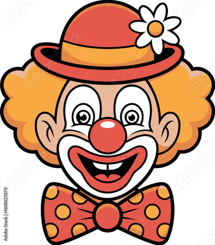 Cartoon clown with red hat and bow tie smiling widely on a white background illustration art