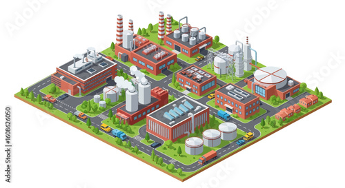 Adobe Illustrator artwork 3D isometric view of an industrial zone with multiple factories, warehouses, storage tanks, roads, trucks, and cars. Ideal for industry and logistics themes