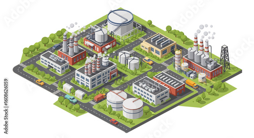Adobe Illustrator artwork 3D isometric view of an industrial zone with multiple factories, warehouses, storage tanks, roads, trucks, and cars. Ideal for industry and logistics themes