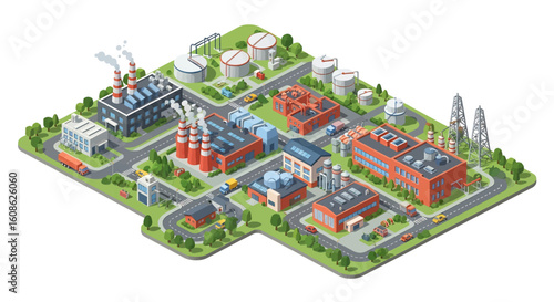 Adobe Illustrator artwork 3D isometric view of an industrial zone with multiple factories, warehouses, storage tanks, roads, trucks, and cars. Ideal for industry and logistics themes
