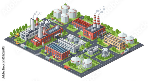 Adobe Illustrator artwork 3D isometric view of an industrial zone with multiple factories, warehouses, storage tanks, roads, trucks, and cars. Ideal for industry and logistics themes