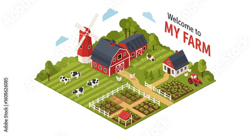 Adobe Illustrator artwork 3D isometric view of a charming farm scene with a house, barn, windmill, tractor, cows, chickens, and cultivated fields. Ideal for agriculture and rural life themes