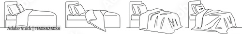 Modern bed sketch set, blanket fold stages, pillow layout illustration, interior design element, bedding arrangement, minimal furniture graphic, cozy sleep concept line art