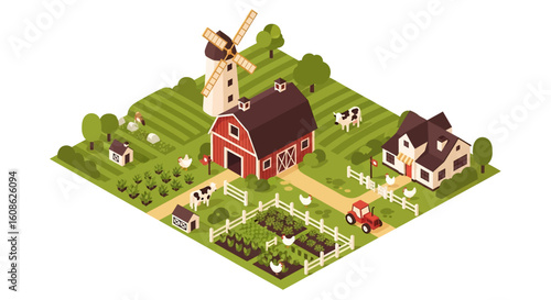 Adobe Illustrator artwork 3D isometric view of a charming farm scene with a house, barn, windmill, tractor, cows, chickens, and cultivated fields. Ideal for agriculture and rural life themes
