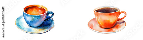 Artistic watercolor of a steaming coffee cup on a saucer, capturing warmth and coziness, perfect for morning beverage-themed designs. isolated