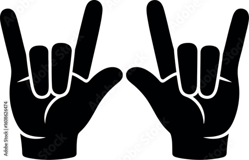 Two black hands making the rock and roll sign on a white background with fingers extended upwards