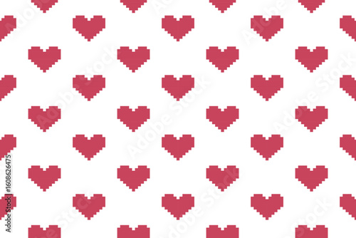 Sweet and minimal pixel heart pattern in red on white. Perfect for Valentine’s crafts, romantic packaging, children’s fabrics, digital designs, and seamless textile prints.