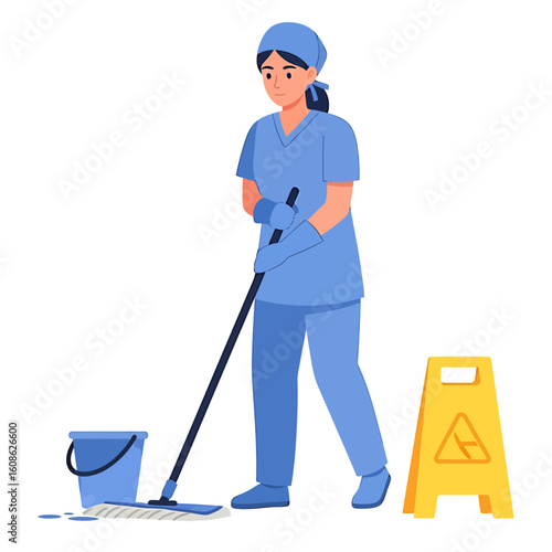 Professional janitor woman in a blue uniform mopping the floor. Cleaning service staff with equipment, isolated vector illustration.