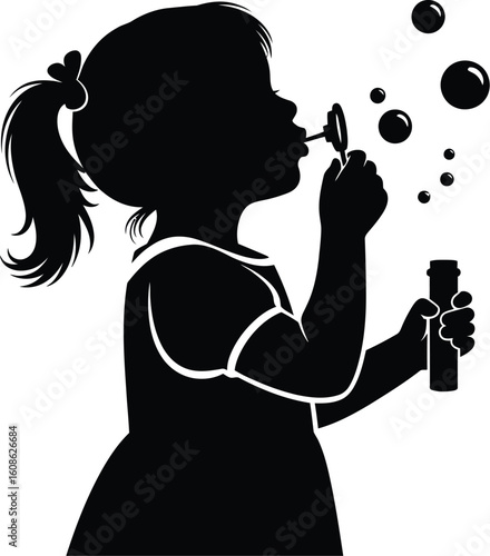 Vector art of a silhouette of a girl blowing soap bubbles