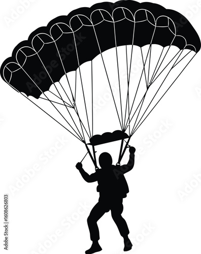 Vector art of a silhouette of a skydiver descending with a parachute, preparing for landing