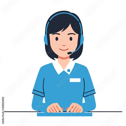 A smiling female call center agent with a headset sits at her desk, ready to provide customer support.
