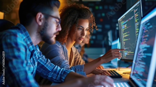 Portrait of two diverse developers using laptop computer, Discussing lines of code that appear on big screens surrounding them, Male and female programmers creating a software together.