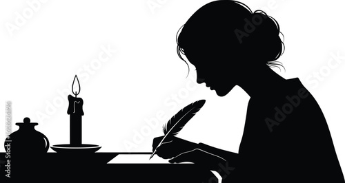 Vector art of a woman is writing with a feather pen by candlelight, creating a silhouette