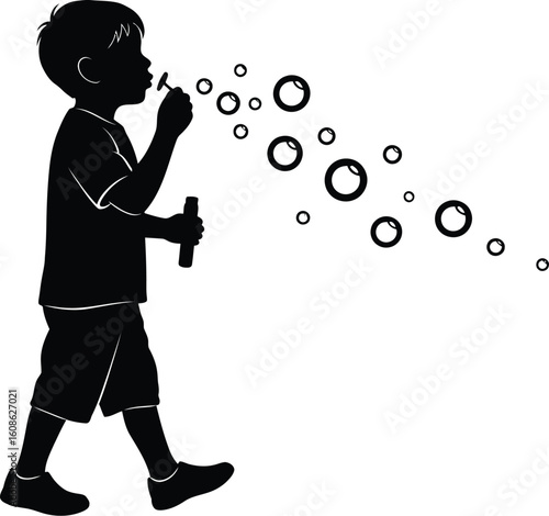 Vector art of a boy is walking and blowing bubbles, creating a whimsical scene of childhood fun and imagination