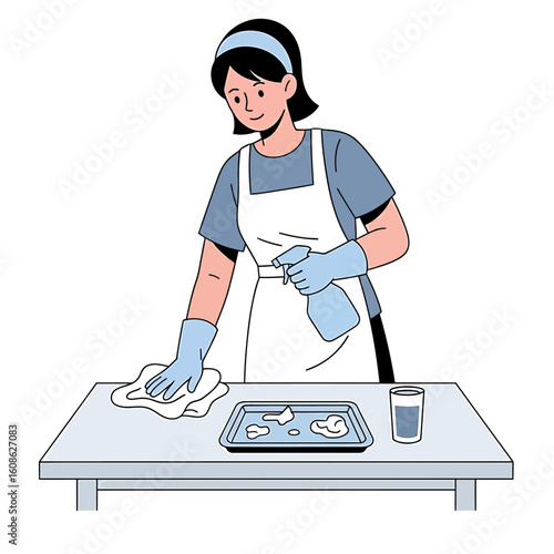 Happy young woman in an apron cleaning a table with a disinfectant spray, illustrating domestic chores and home hygiene routine.