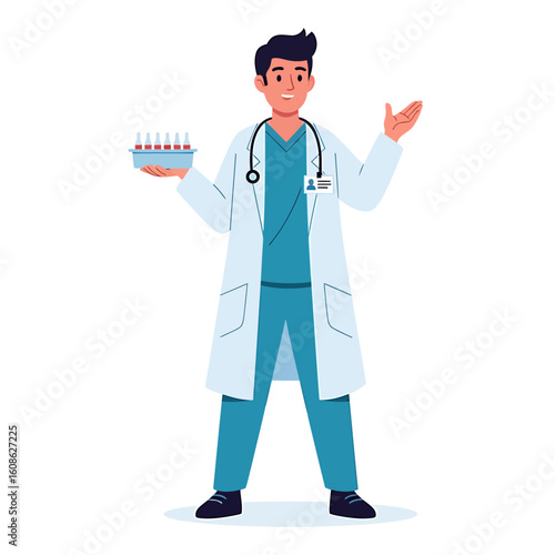 A friendly male doctor in a lab coat and scrubs holds a tray of blood test vials.