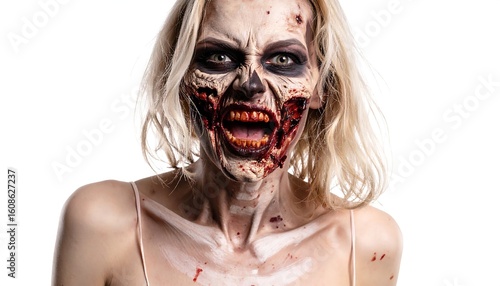 Close-up of a woman with realistic zombie makeup, screaming against a white background