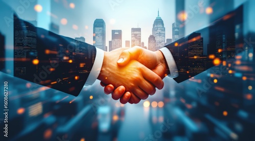 Fototapeta Naklejka Na Ścianę i Meble -  Business handshake with city skyline in the background.