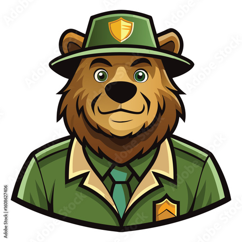 Cartoon Bear Dressed as a Ranger with Green Hat and Uniform