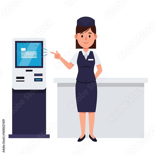 A friendly flight attendant pointing at an airport self-service check-in kiosk.