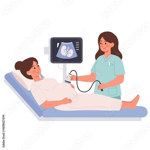A caring healthcare professional performs a prenatal ultrasound scan on an expectant mother during a routine medical checkup