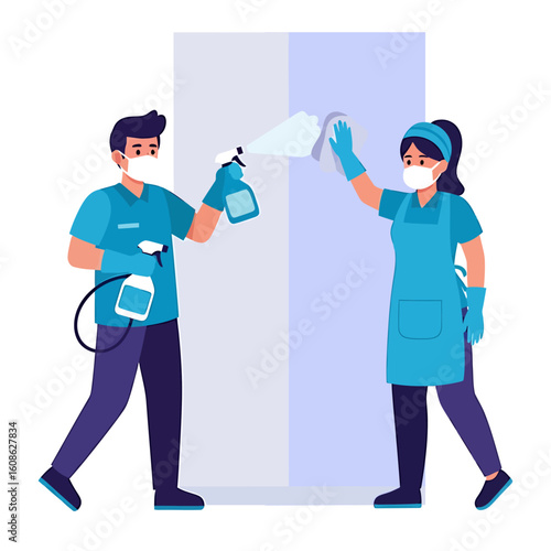 Two people in protective gear, spraying and wiping down a surface with disinfectant for cleaning and sanitization purposes.