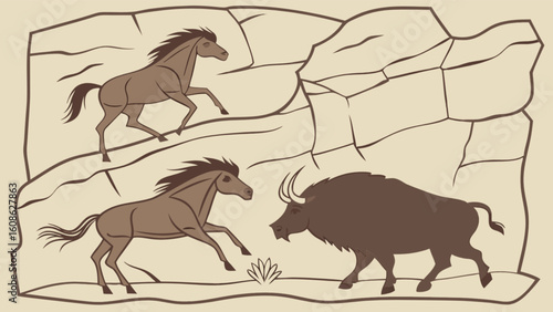 Cave art horses and bison drawing prehistoric animals ancient rock painting vector illustration for design 100