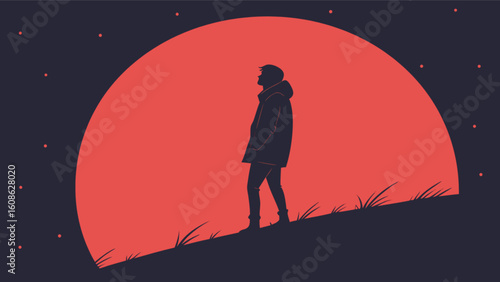 Silhouette man standing looking at moon vector illustration night scene landscape background graphic design