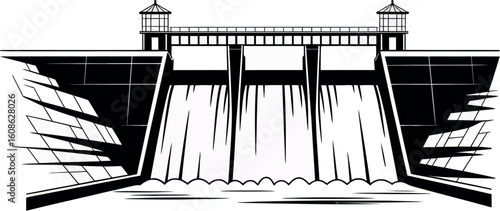 A black and white illustration of a dam with water flowing over it in a minimalist style design art