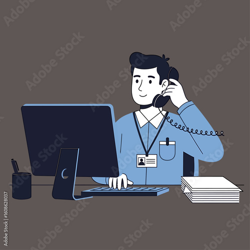 A male office worker talks on the phone while typing at his computer desk, multitasking at his workstation.