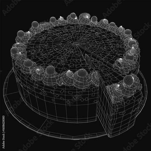 A 3D model of a chocolate cake with a missing slice sits on a black background, showcasing detailed textures.