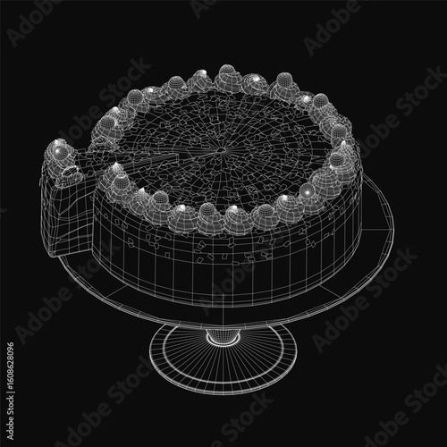 A 3D wireframe cake model sits elegantly on a cake stand against a black background. The detailed mesh structure gives it a realistic yet digital aesthetic.