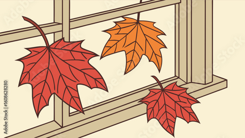 Autumn leaves on window pane fall season vector illustration for design and decoration element