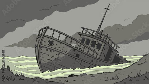Illustration of shipwrecked boat on beach with stormy sky and ocean waves art design drawing