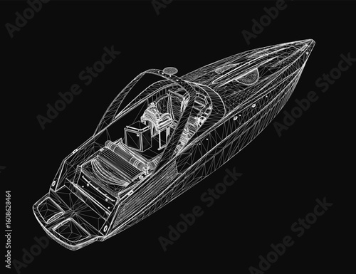 A sleek speedboat wireframe model floats on a black background, showcasing intricate 3D design details. The transparent mesh structure highlights the boat's aerodynamic shape and realistic contours.