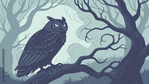 Owl illustration in misty forest scene wildlife art print nocturnal bird of prey nature artwork design vector