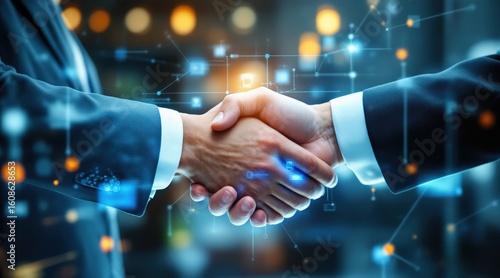 Fototapeta Naklejka Na Ścianę i Meble -  Business handshake with digital technology overlay.
