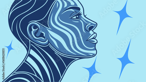 Abstract woman face art illustration in blue tones with stars for modern design and decoration ideas