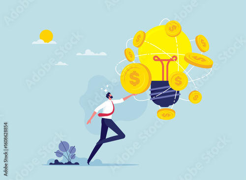 Business idea to make money concept, innovation and creativity to make profit investment, businessman pick up money from lightbulb idea