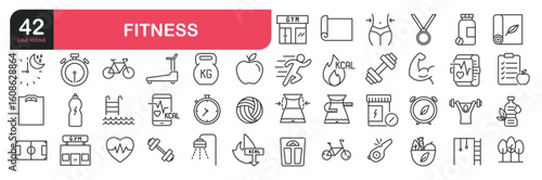 Set of line icons related to fitness, exercise, gym. Outline icons collection. Editable stroke. Vector illustration