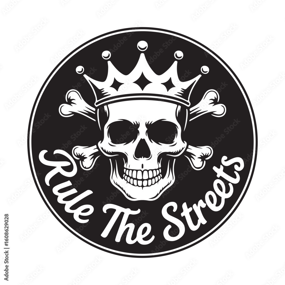 Fototapeta premium Skull with crown and crossbones in a circle design